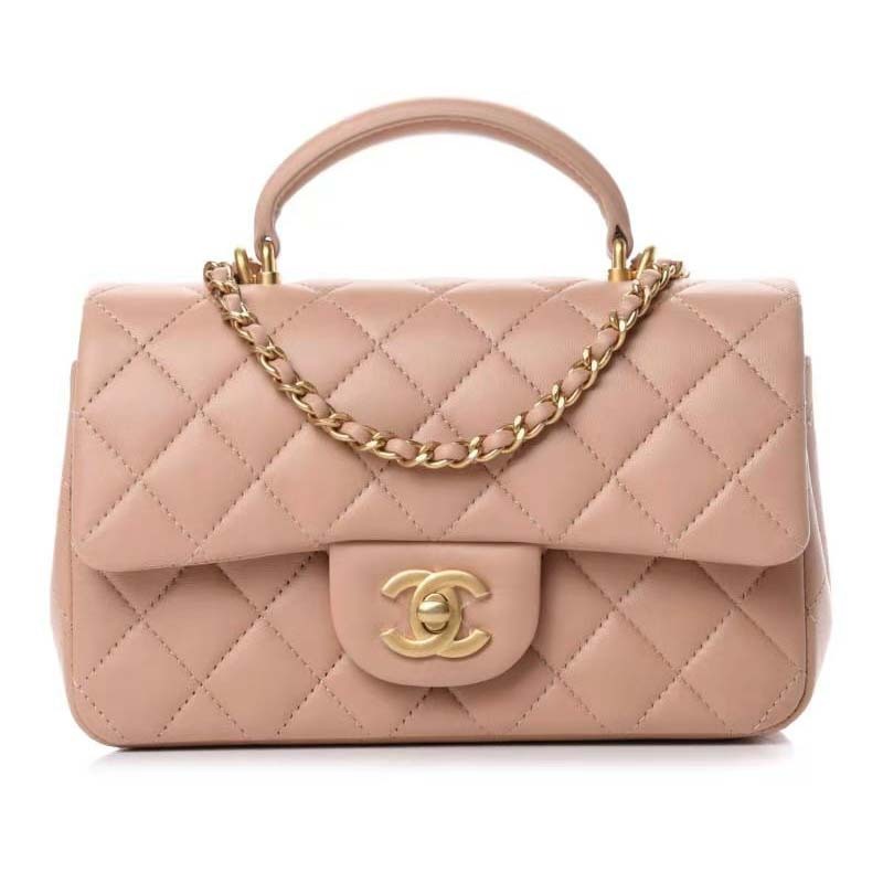 Chanel Women Mini Flap Bag with Top Handle Grained Calfskin Gold-Tone Metal Sandy