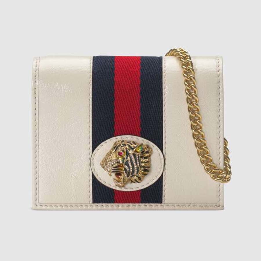 Gucci GG Women Rajah Chain Card Case Wallet Bag in Leather White